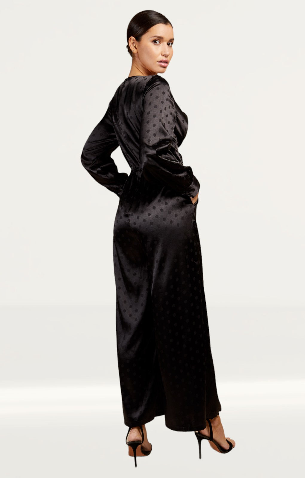 Little Mistress Black Satin Spot Jumpsuit