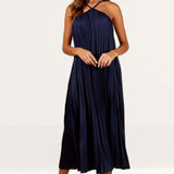 Little Mistress Navy Satin Pleated Midaxi Dress
