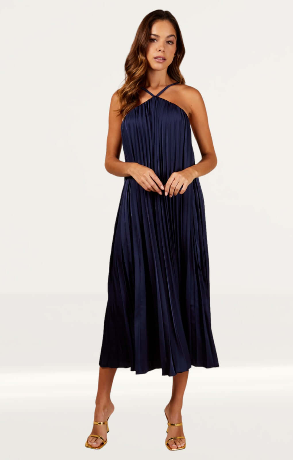 Little Mistress Navy Satin Pleated Midaxi Dress