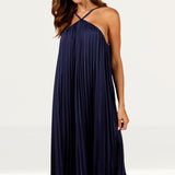 Little Mistress Navy Satin Pleated Midaxi Dress