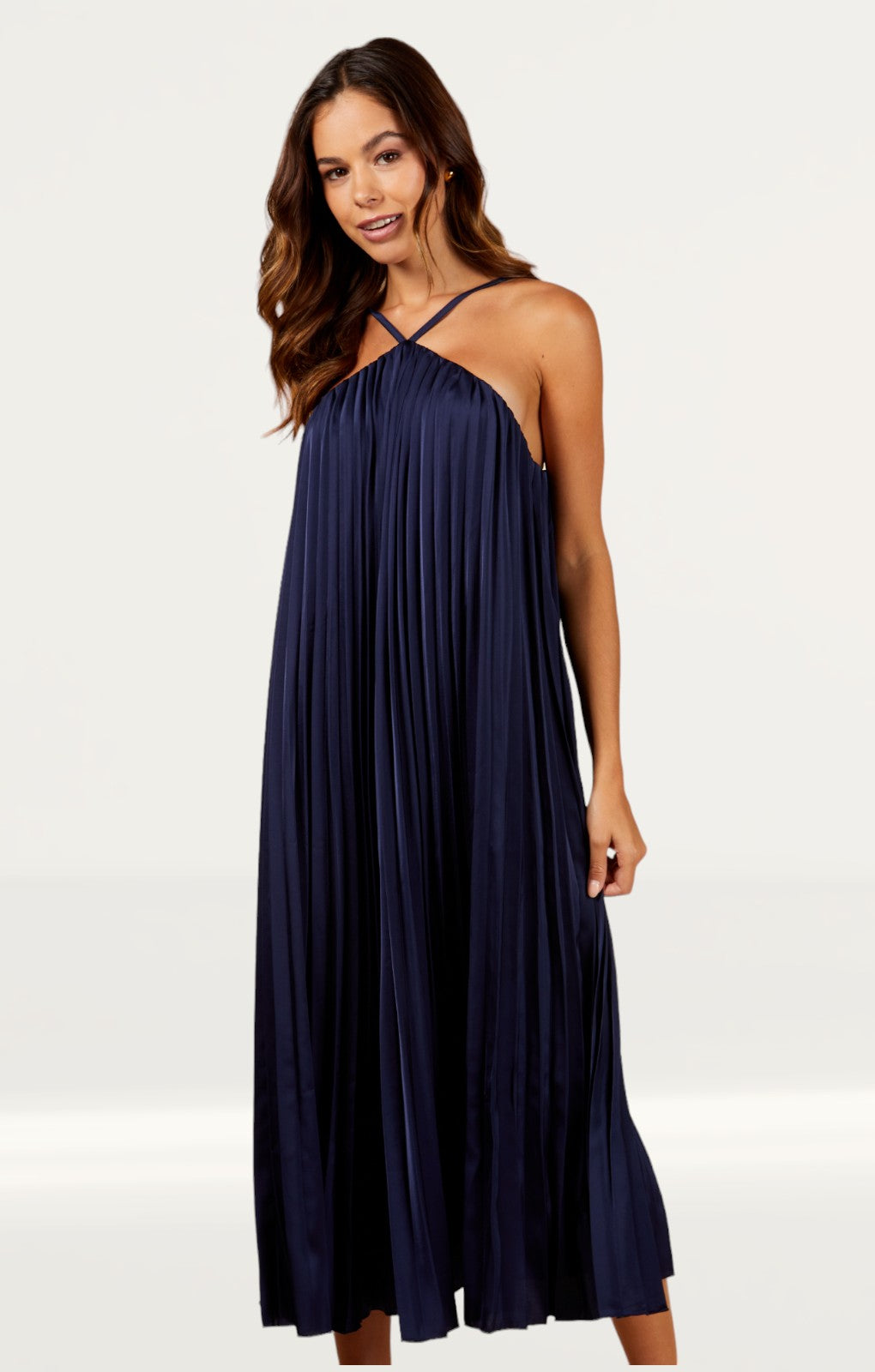 Little Mistress Navy Satin Pleated Midaxi Dress