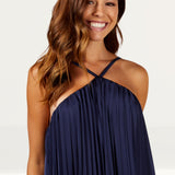 Little Mistress Navy Satin Pleated Midaxi Dress