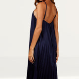 Little Mistress Navy Satin Pleated Midaxi Dress