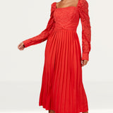 Little Mistress Coral Lace And Pleated Hem Midi Dress