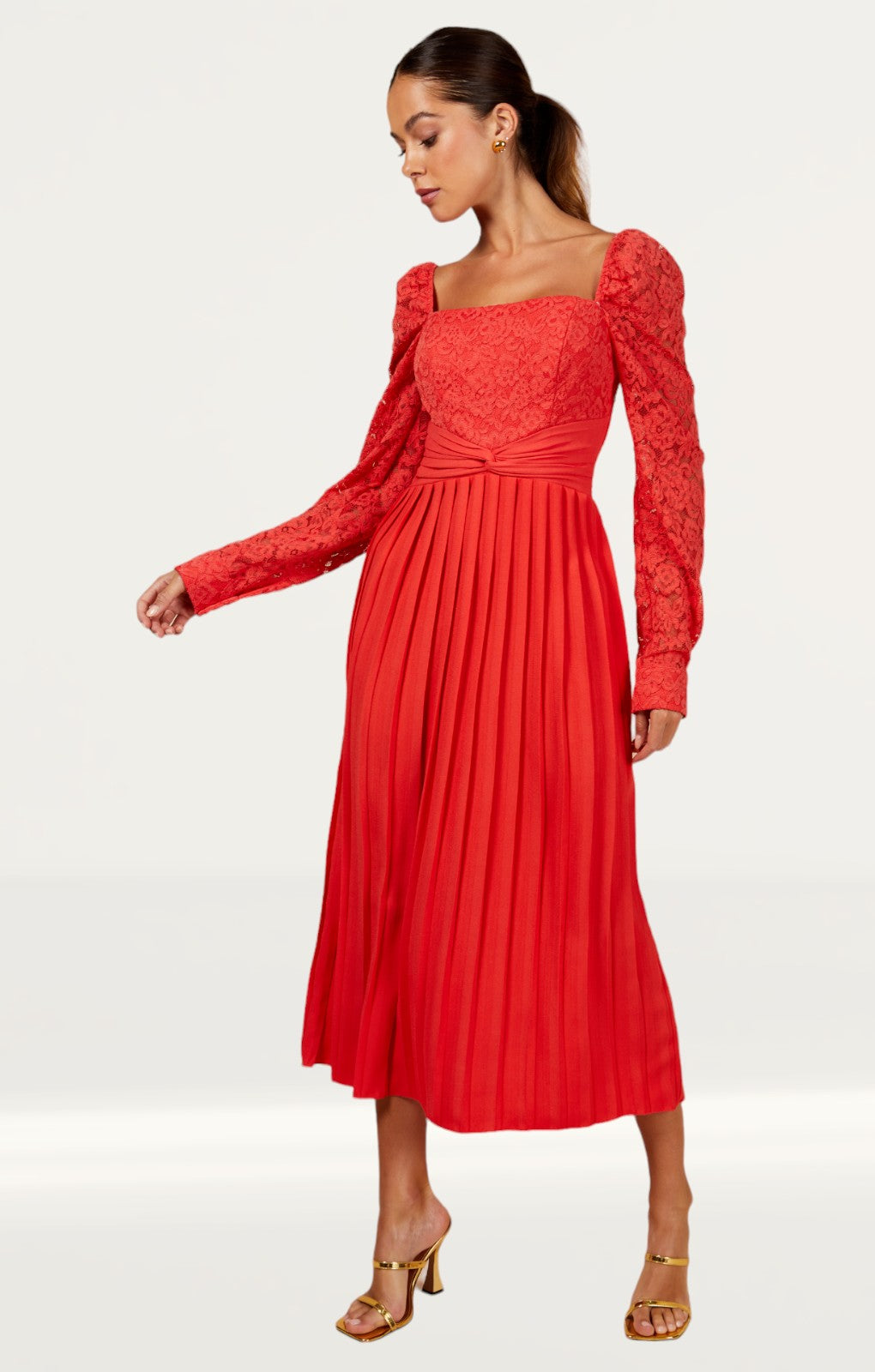 Little Mistress Coral Lace And Pleated Hem Midi Dress