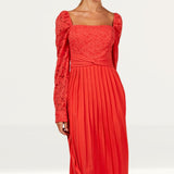 Little Mistress Coral Lace And Pleated Hem Midi Dress