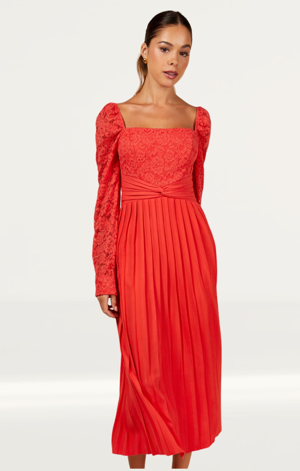 Little Mistress Coral Lace And Pleated Hem Midi Dress