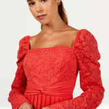 Little Mistress Coral Lace And Pleated Hem Midi Dress