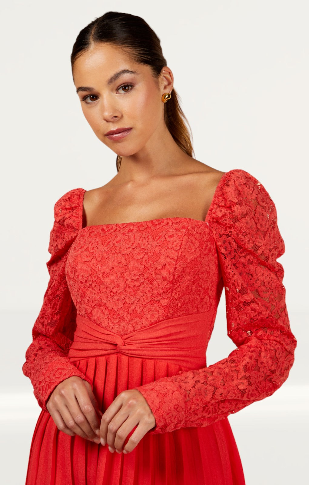 Little Mistress Coral Lace And Pleated Hem Midi Dress