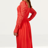 Little Mistress Coral Lace And Pleated Hem Midi Dress