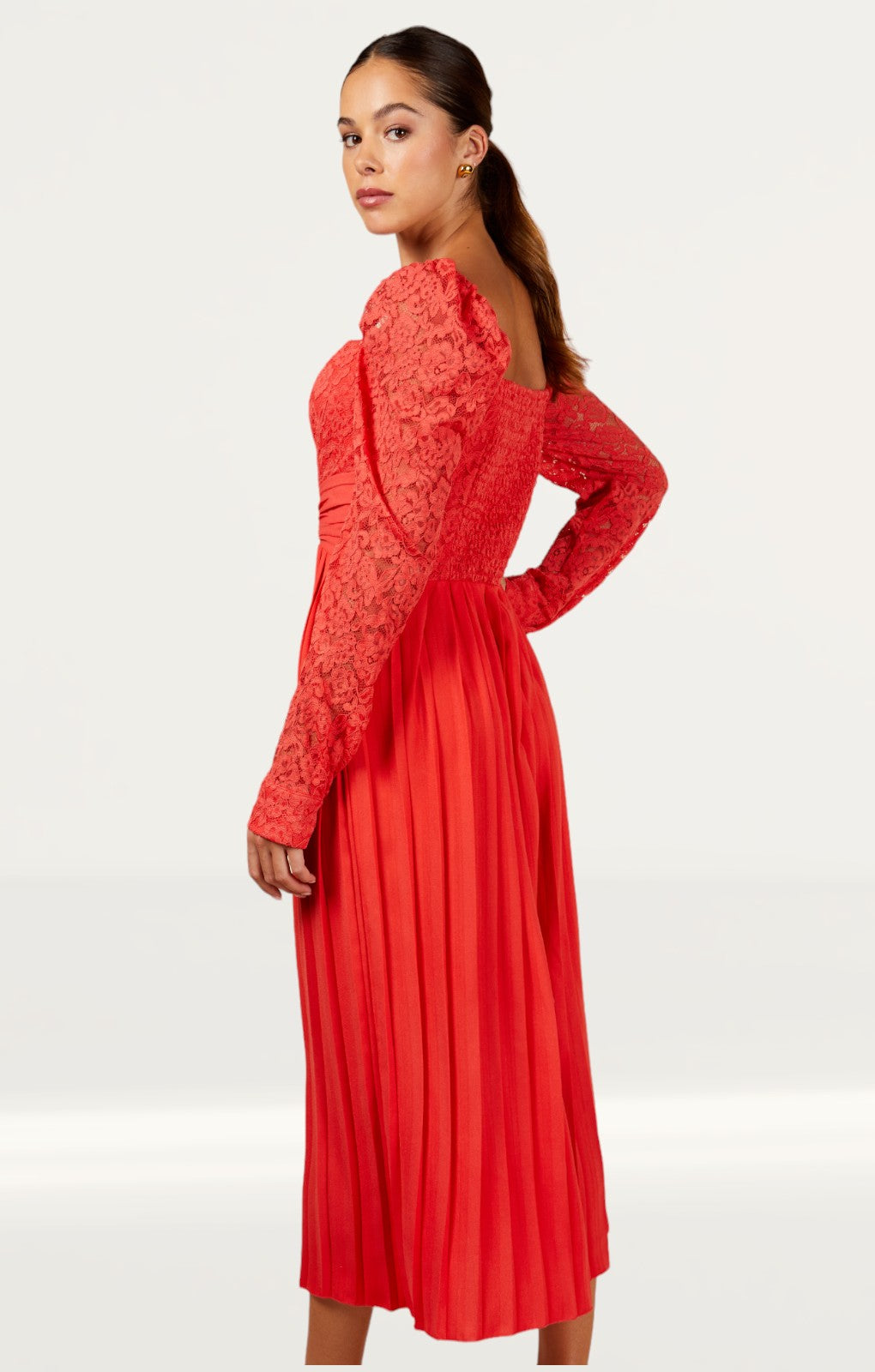 Little Mistress Coral Lace And Pleated Hem Midi Dress