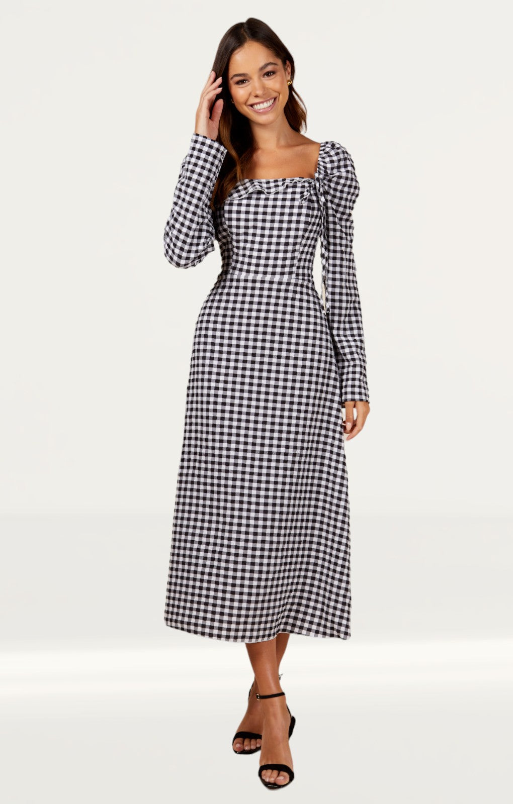 Little Mistress Gingham Frill Neckline Midaxi Dress