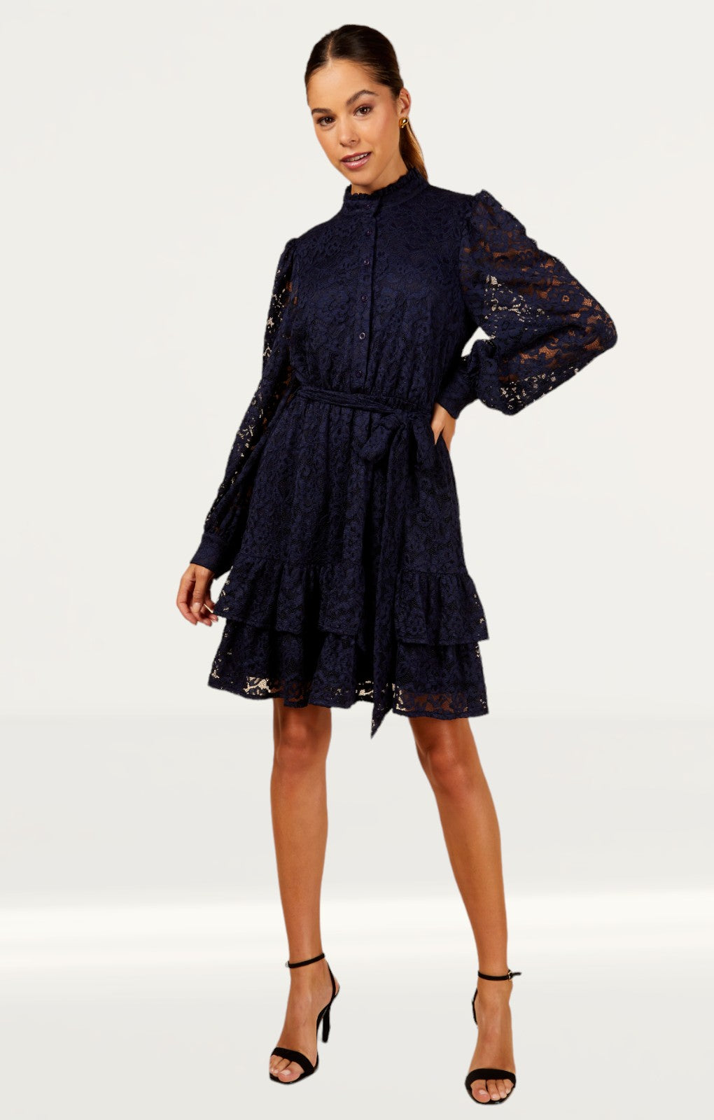 Little Mistress Navy Lace Mini Shirt Dress