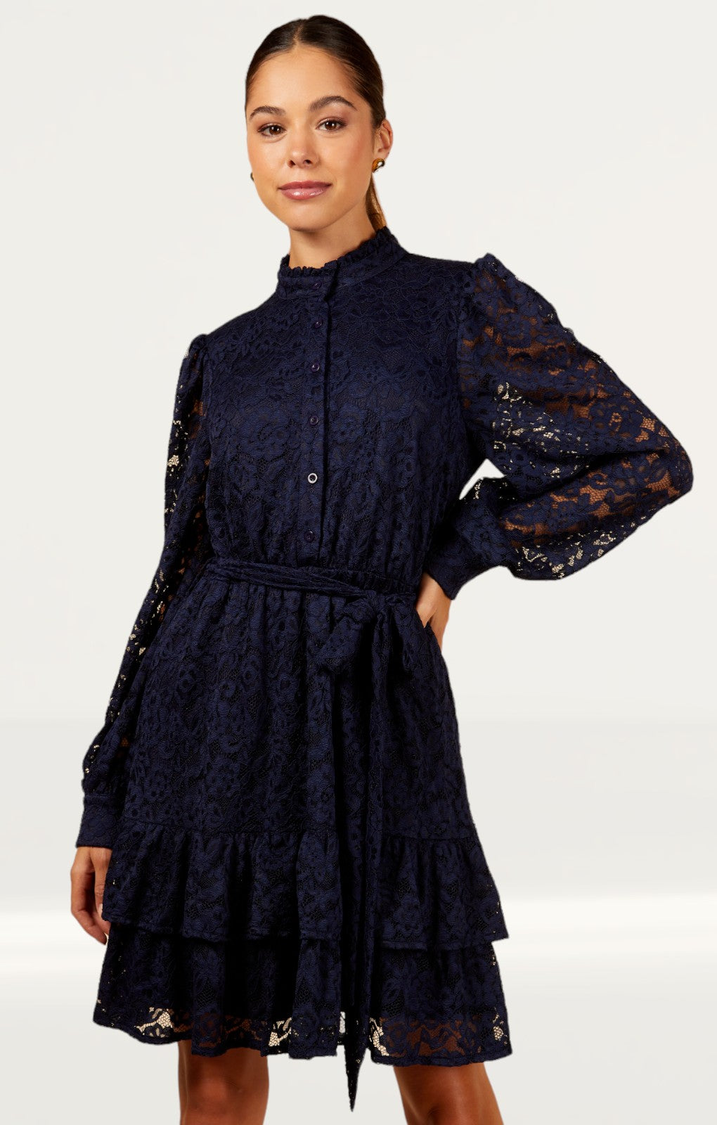 Little Mistress Navy Lace Mini Shirt Dress