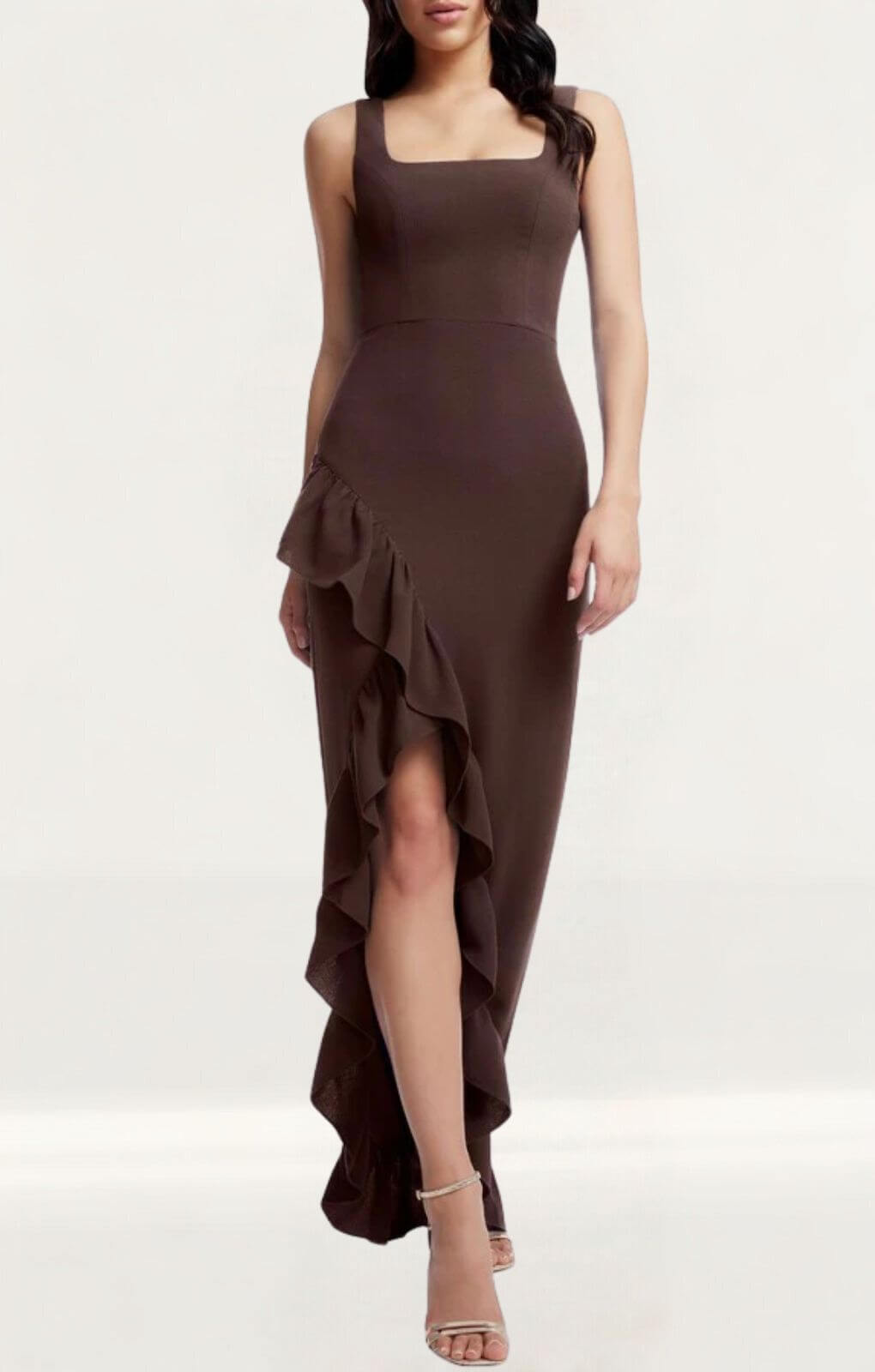 Dress The Population Kai Ruffle Brown Maxi Dress