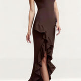 Dress The Population Kai Ruffle Brown Maxi Dress