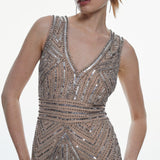 Karen Millen Deco Crystal Embellished Front Slit Dress