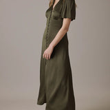 EXHIRE Nobody's Child Deep Olive V Neck Midi Erin Bridesmaids UK 16 – dresses by Nobody's Child, available to rent from Hirestreet
