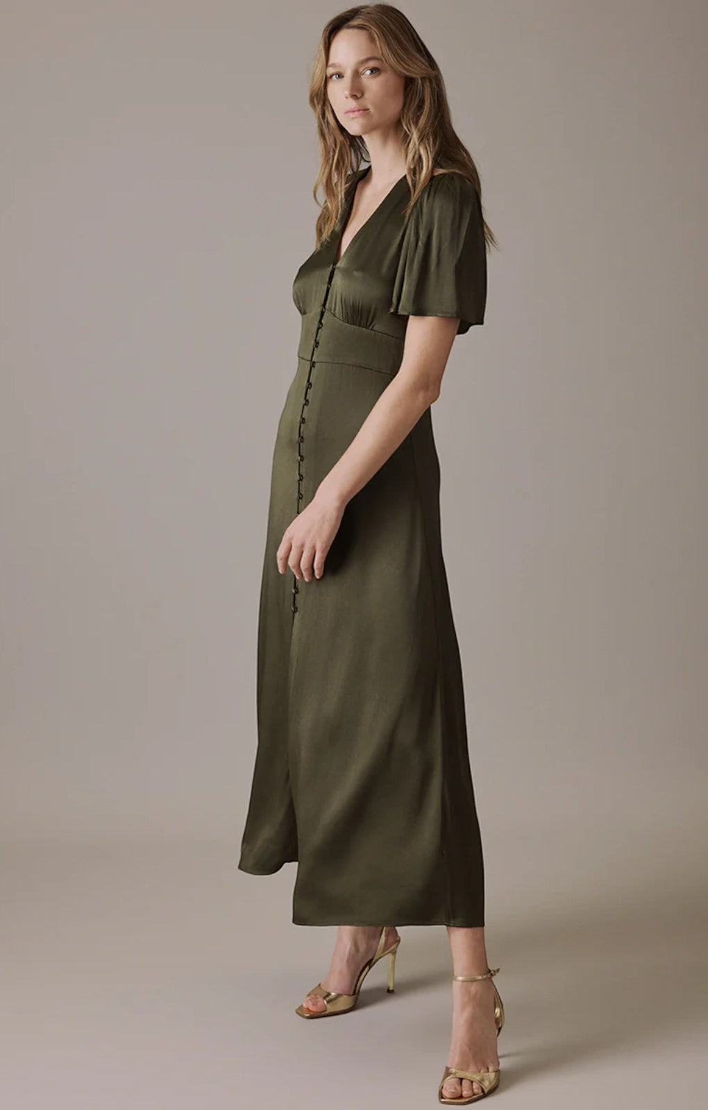 EXHIRE Nobody's Child Deep Olive V Neck Midi Erin Bridesmaids UK 16 – dresses by Nobody's Child, available to rent from Hirestreet