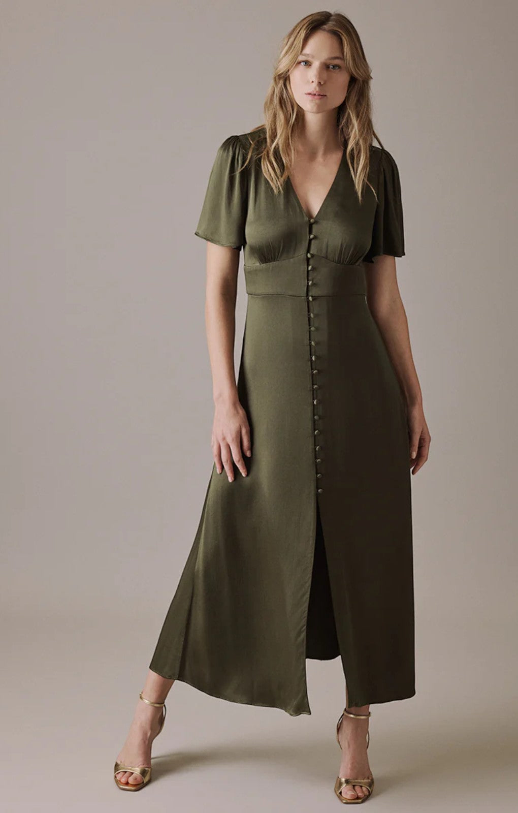 EXHIRE Nobody's Child Deep Olive V Neck Midi Erin Bridesmaids UK 16 – dresses by Nobody's Child, available to rent from Hirestreet
