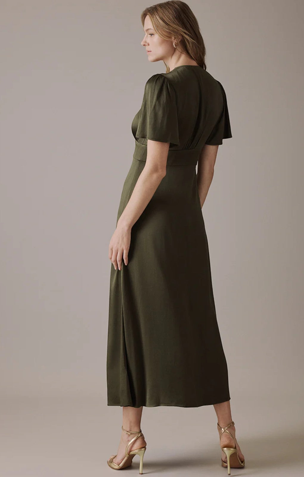 EXHIRE Nobody's Child Deep Olive V Neck Midi Erin Bridesmaids UK 16 – dresses by Nobody's Child, available to rent from Hirestreet