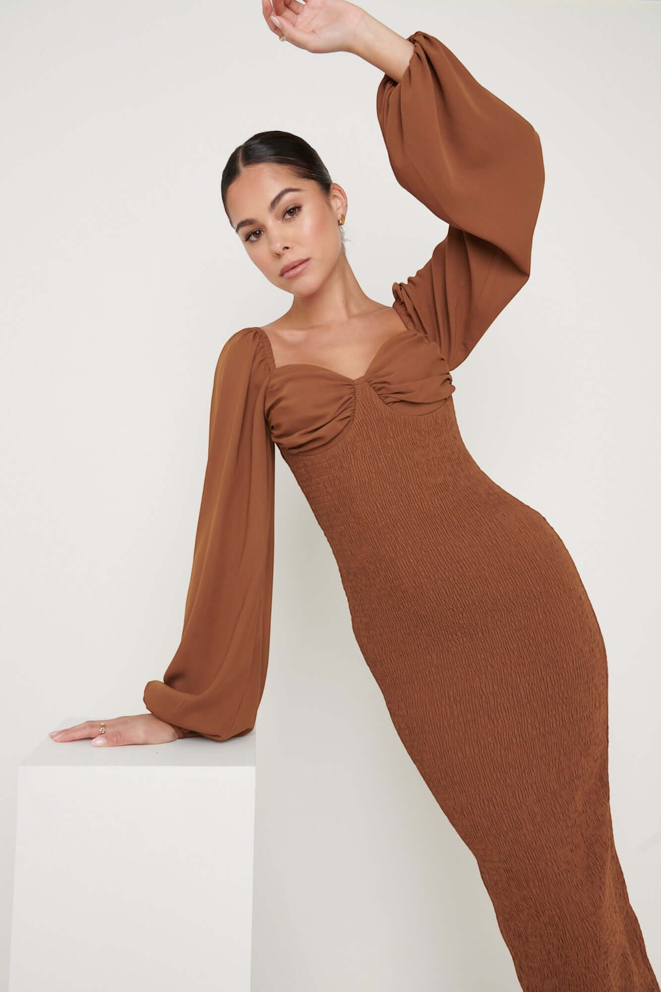 Pretty Lavish Delilah Sweetheart Brown Shirred Dress