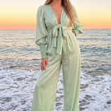 Collective The Label Petite Exclusive Plunge Front Wide Leg Jumpsuit In Sage