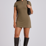 Dr Denim Zip Up Mini Jersey Dress In Brown