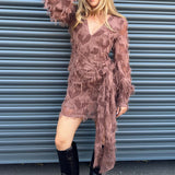 ASOS DESIGN Fluffy V Neck Mini Dress With Tie Waist And Tie Back Detail In Brown