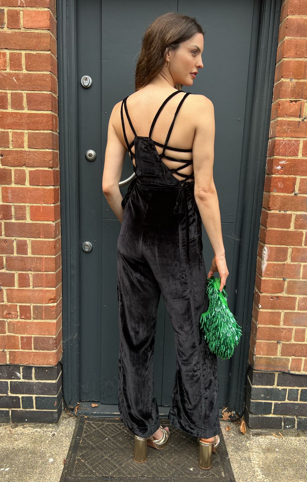 Free People Velvet Tie-Side Dungaree Jumpsuit In Black