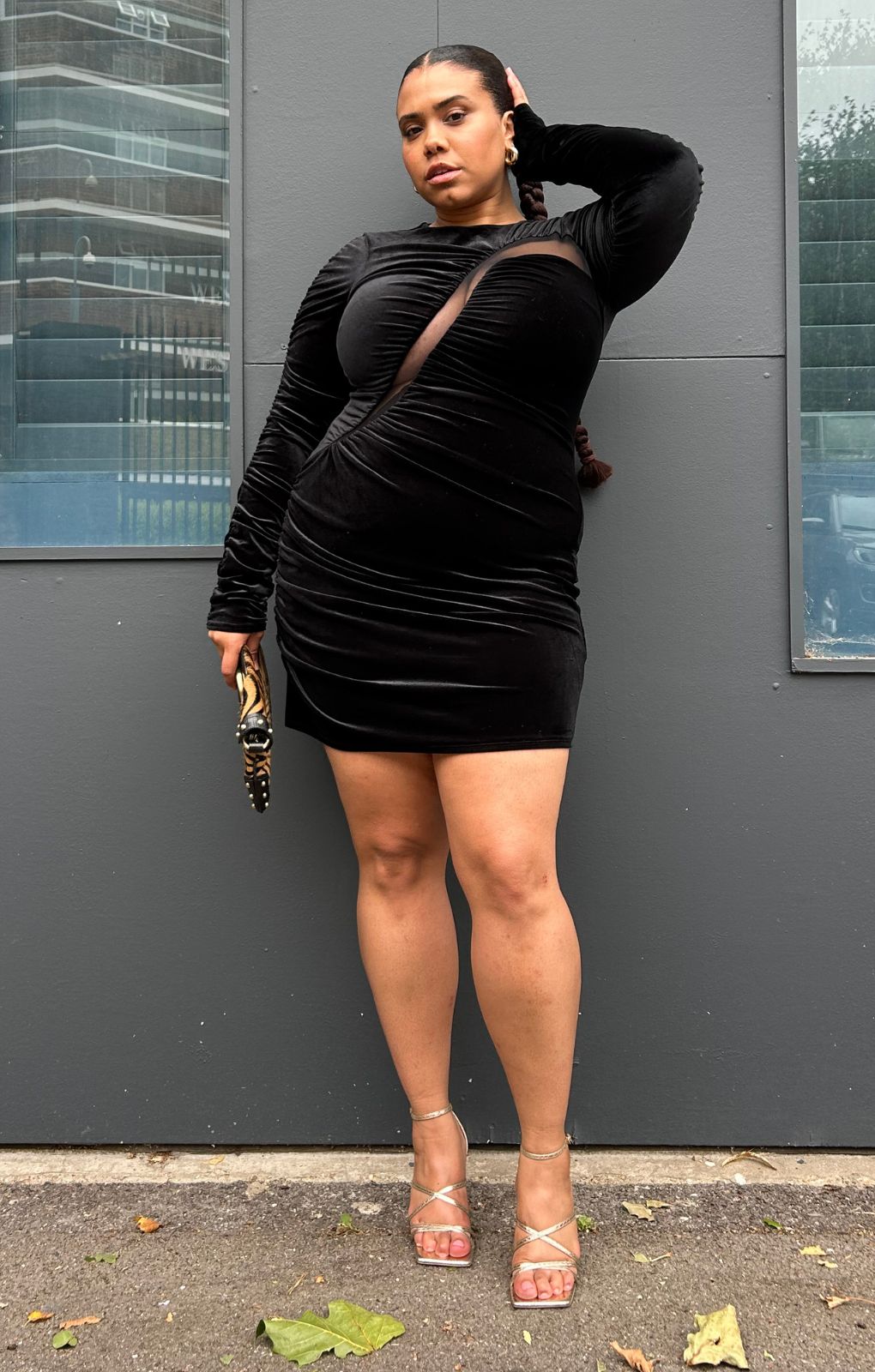 Topshop Curve Velvet And Mesh Ruched Detail Mini Dress In Black