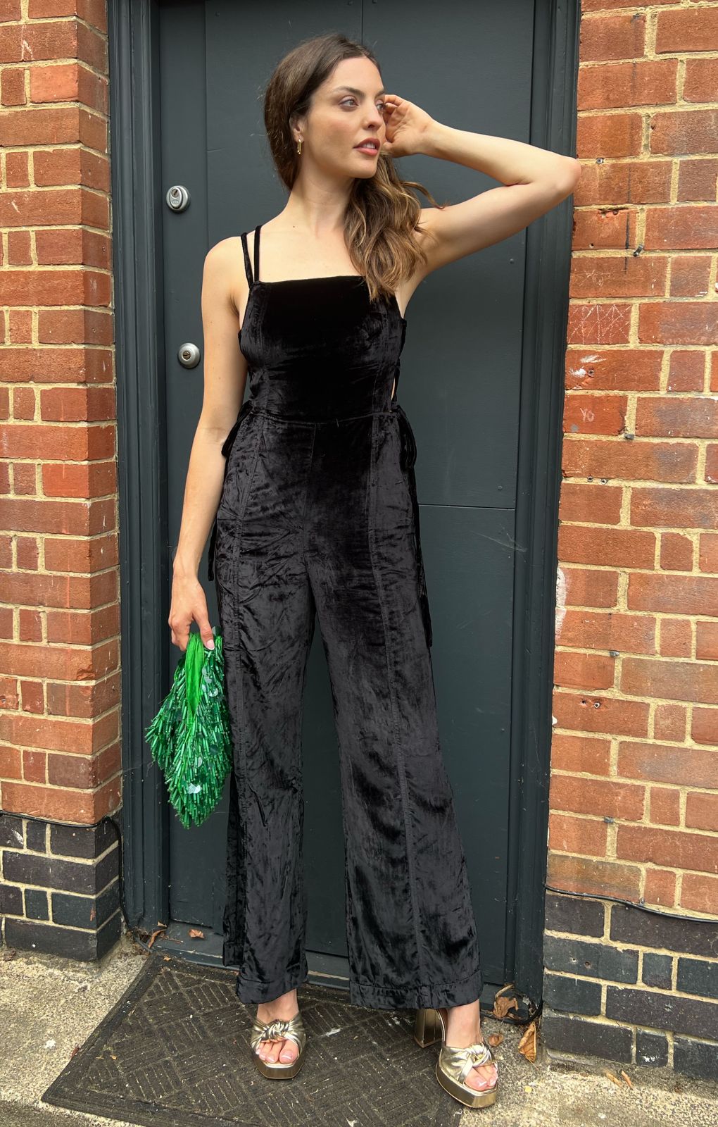 Free People Velvet Tie-Side Dungaree Jumpsuit In Black