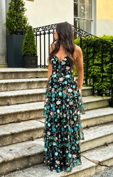 strapless open back dress Rent Dress The Population Layana Turquoise Strapless Tiered Maxi Dress