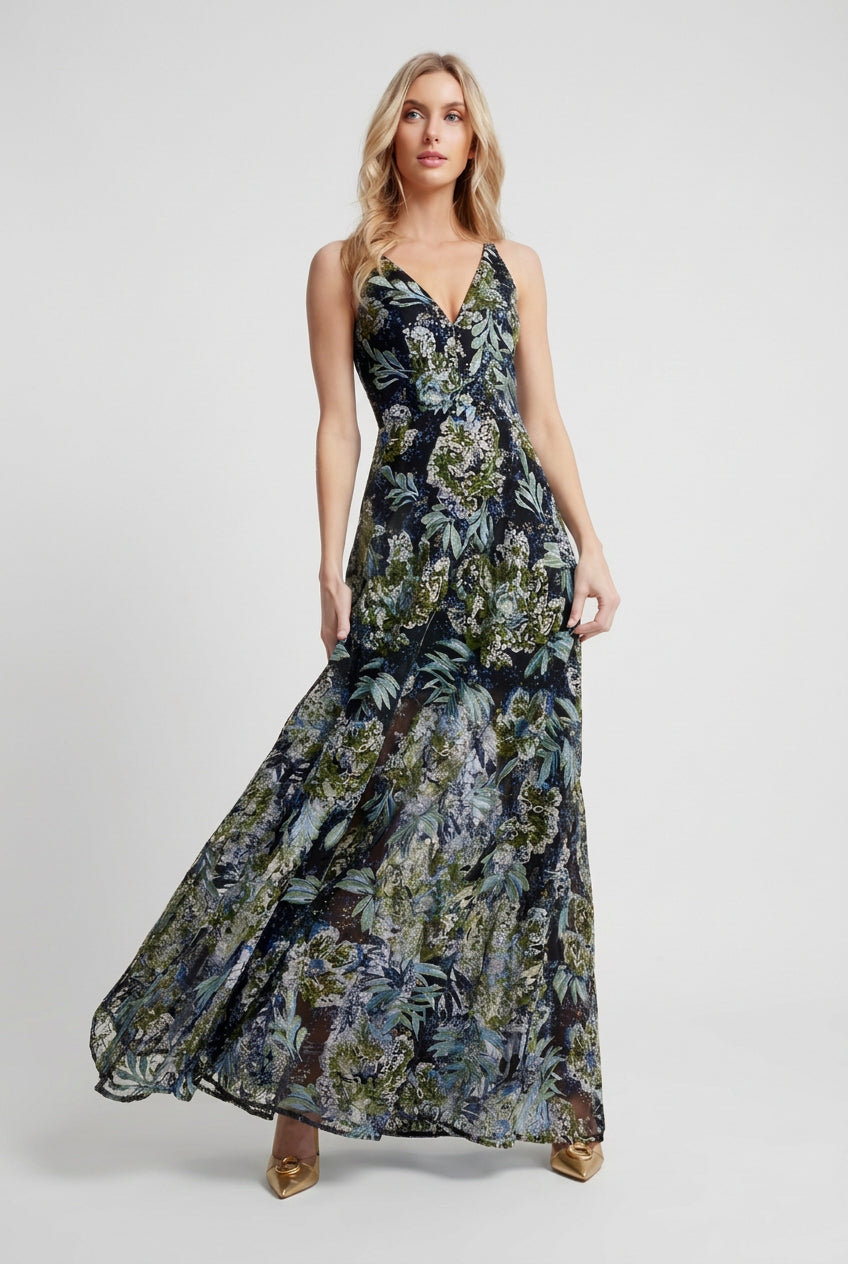 Woman wearing a floral dress on a white background