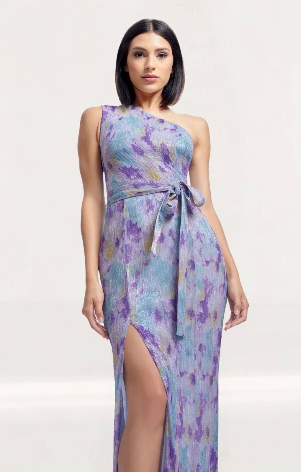 dress the population bella Dress The Population Bella Floral Pliss One-Shoulder Body-Con Maxi Dress