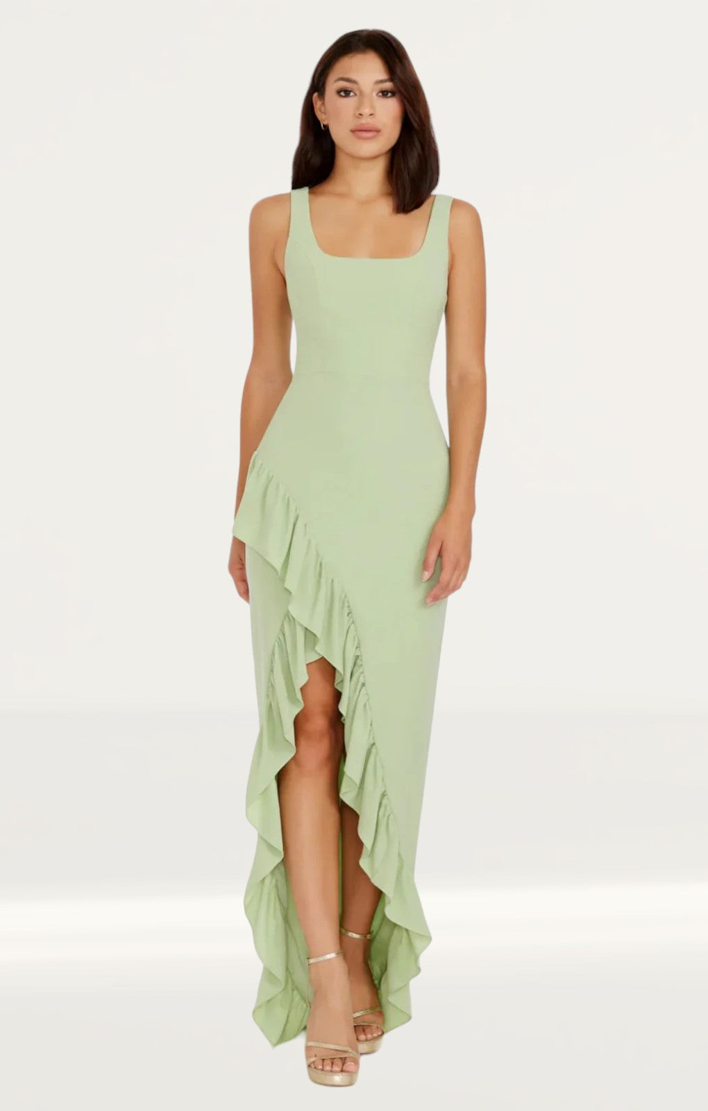 Rent Dress The Population Charlene Sage Ruffle Split Maxi Dress | Hirestreet Rent Dress The Population Charlene Sage Ruffle Split Maxi Dress | Hirestreet
