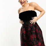 ASOS Luxe Corseted Caged Skirt Mini Dress With Faux Fur Bust In Black & Red Floral