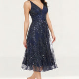 Dress The Population Elisa Midnight Blue Sequin Midi Dress