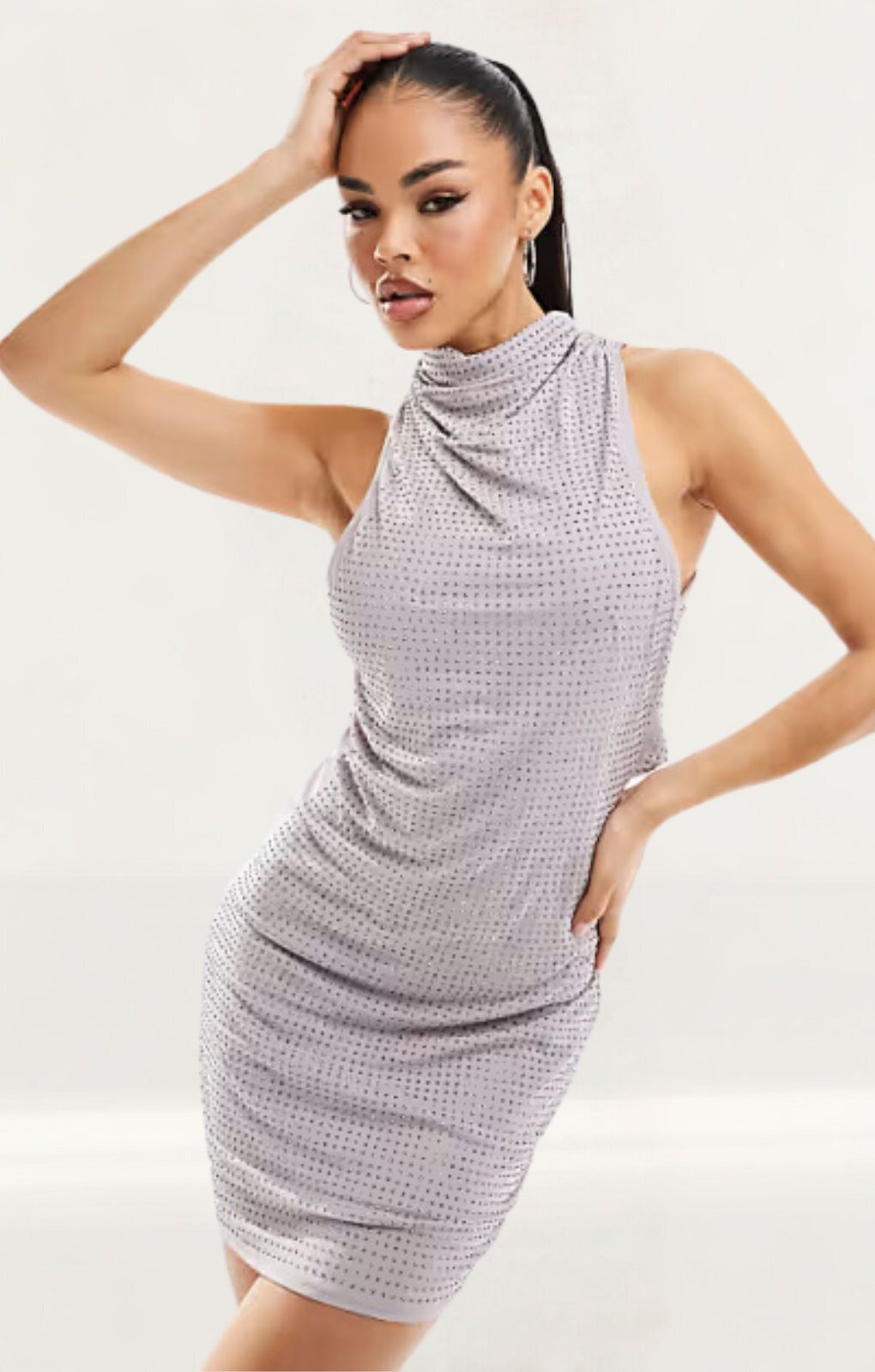Rent ASOS DESIGN Hotfix High Neck Embellished Mini Dress In Grey | Hirestreet Rent ASOS DESIGN Hotfix High Neck Embellished Mini Dress In Grey | Hirestreet