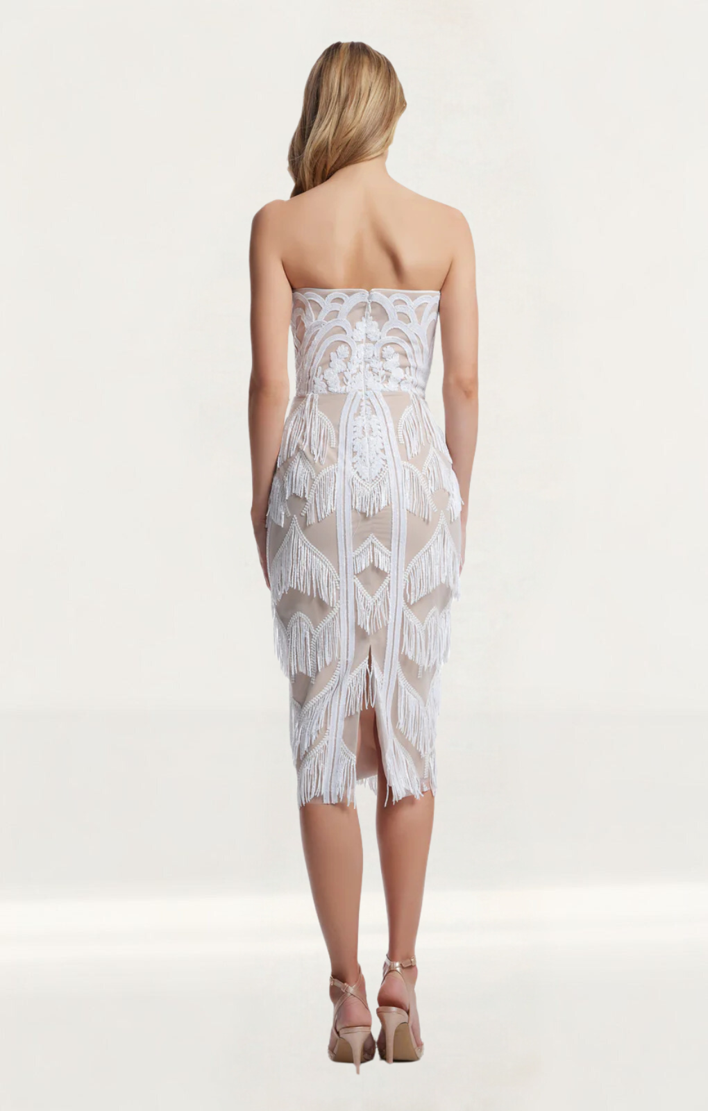 Rent Dress The Population Viviana White-Nude Midi Dress | Hirestreet Rent Dress The Population Viviana White-Nude Midi Dress | Hirestreet