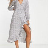 Edited Wrap Front Midi Dress With Frill Detail In Lilac Ditsy Floral