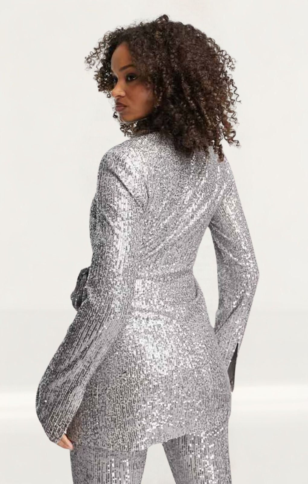 ASOS DESIGN Jersey Sequin Tie Waist Suit Blazer In Gunmetal