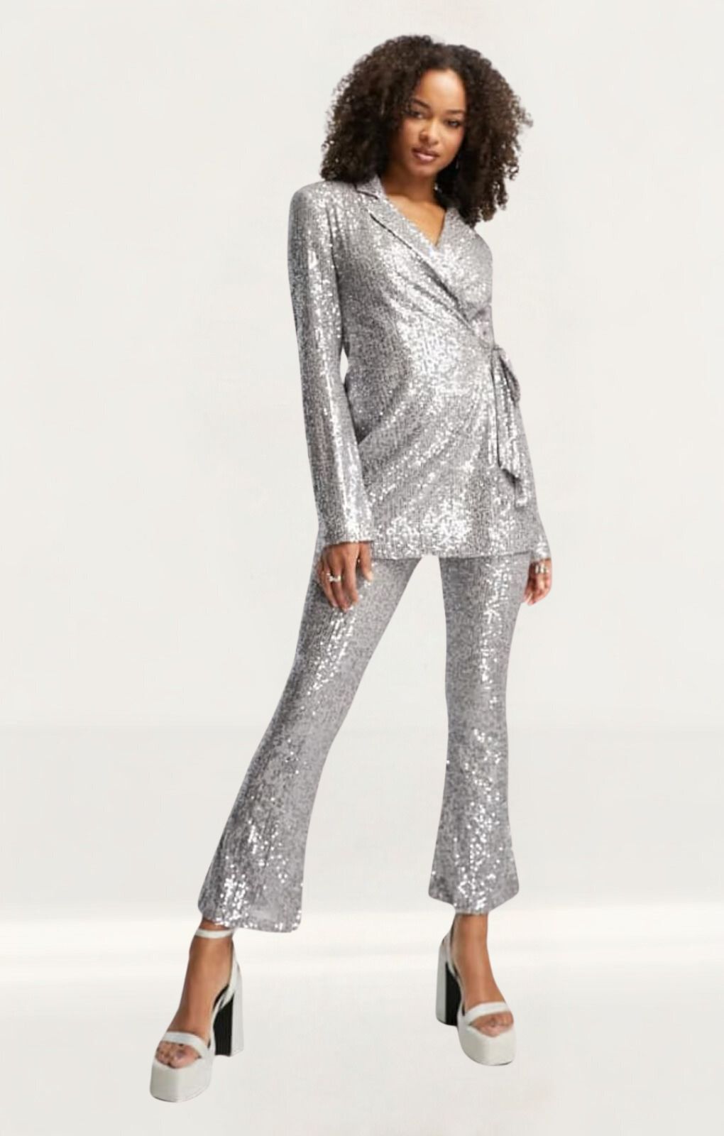 ASOS DESIGN Jersey Sequin Tie Waist Suit Blazer In Gunmetal