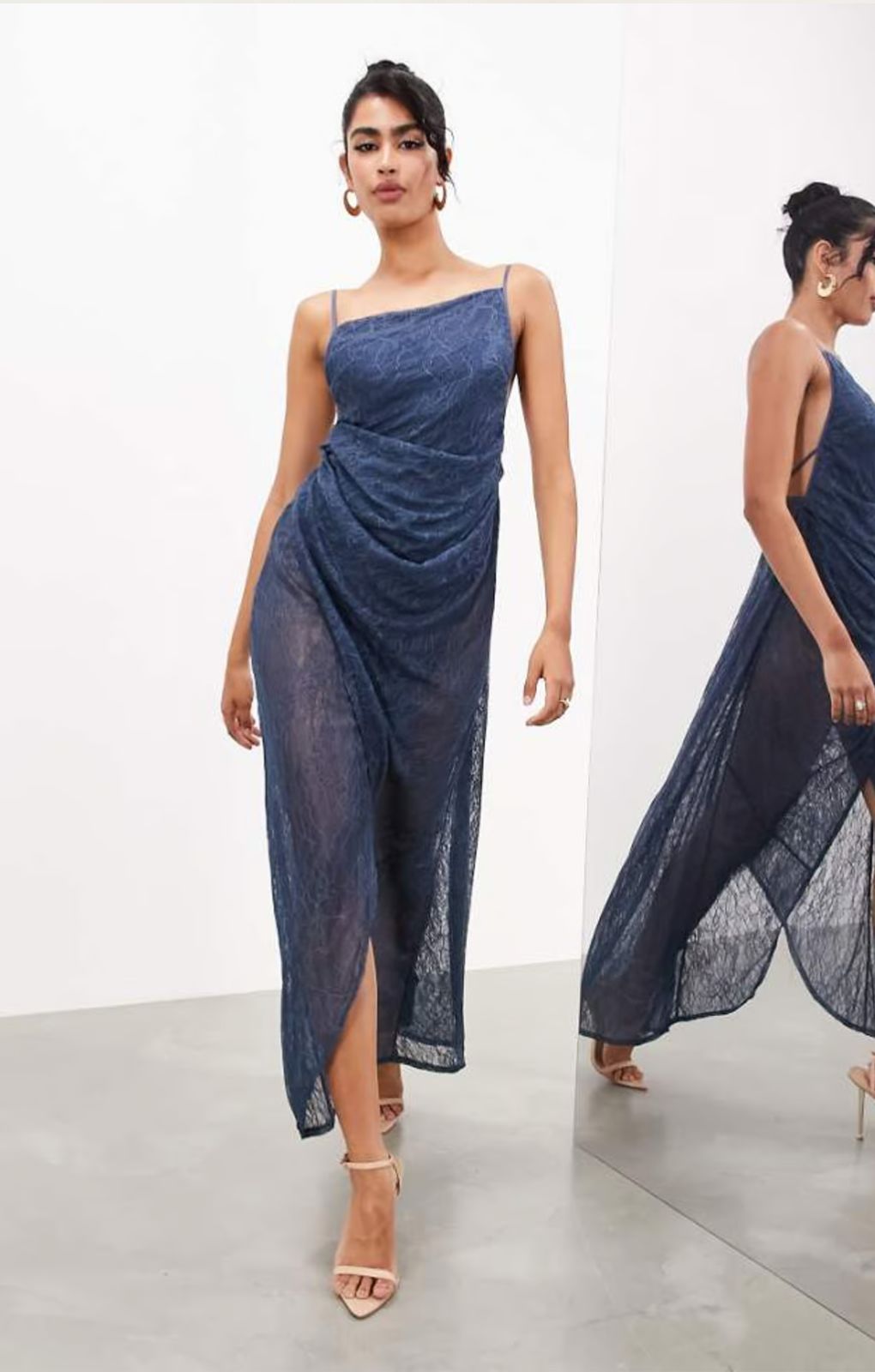 ASOS EDITION Fine Lace Cami Maxi Dress With Drape Detail In Dark Blue