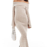 Emory Park Cable Knit Off-Shoulder Chunky Knitted Dress in Oatmeal