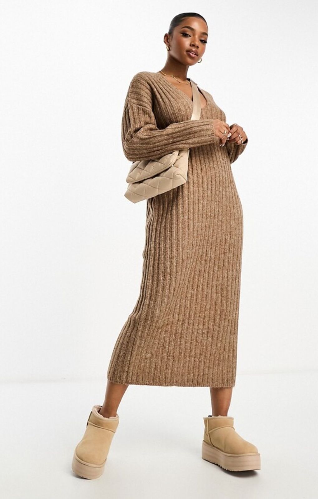ASOS DESIGN Knitted V Neck Maxi Dress In Rib In Camel