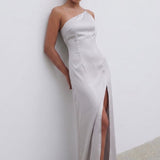 Extro & Vert Tall One Shoulder Maxi Dress With Split In Stone Grey Satin