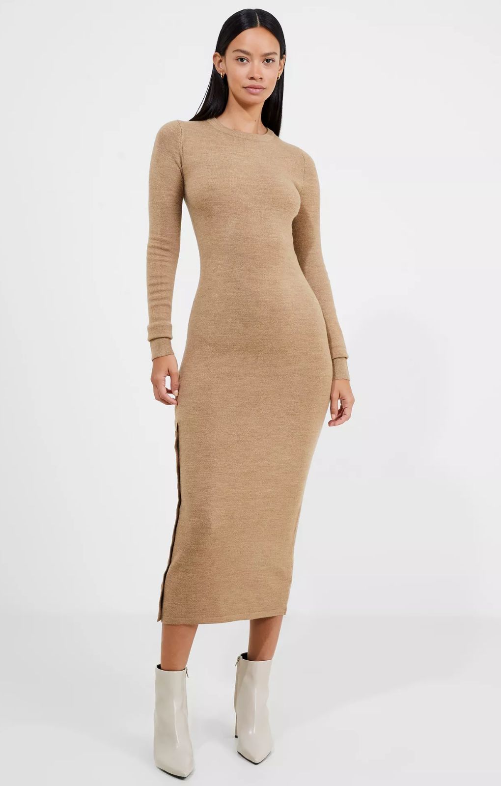 French Connection Button Detail Knitted Midi Dress In Camel