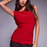 Fashionkilla Double Sculpted Slinky Sleeveless Asymmetric Ruched Top in Red