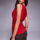 Fashionkilla Double Sculpted Slinky Sleeveless Asymmetric Ruched Top in Red